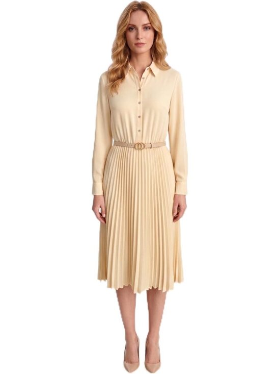 Dresses & Skirts - 🆕Women's Cream Work Dress with Belt Business Casual Midi Shirt Long Sleeve
